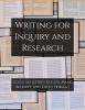 Cover for Writing for Inquiry and Research, with numerous print books opened and stacked on one another.