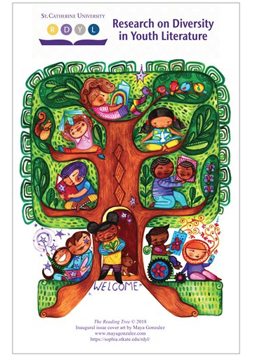 Children holding books sit under a tree and in the tree's branches.