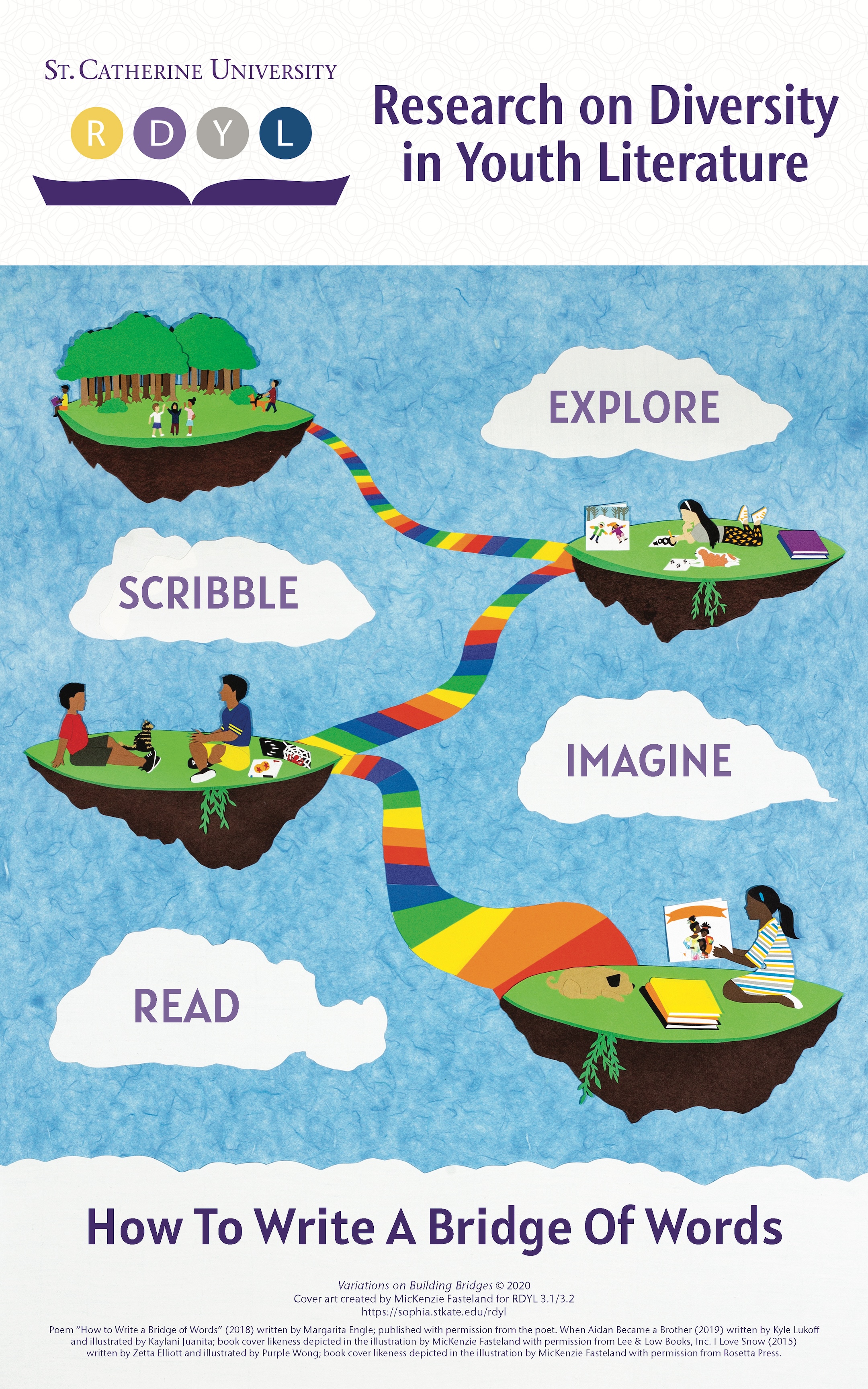 Bridges connecting readers on different islands with the words "explore" "scribble" "imagine" "read" floating in clouds