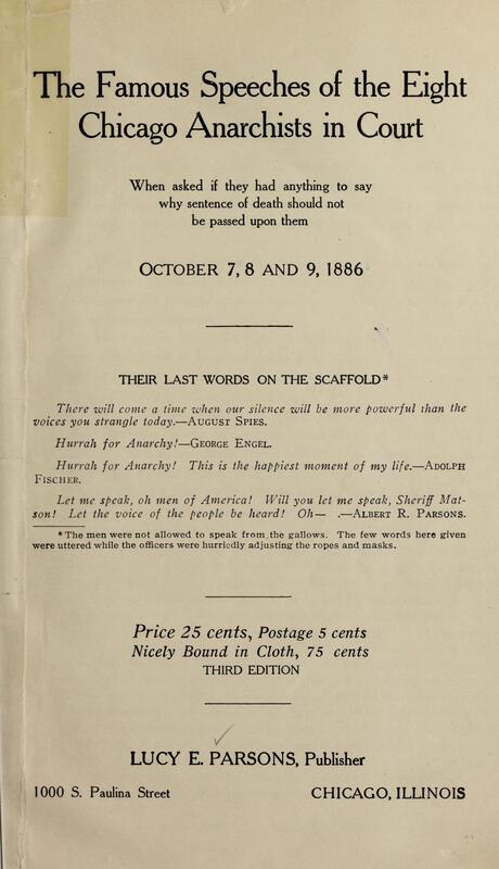 Title page of "The Famous Speeches of the Eight Chicago Anarchists in Court."