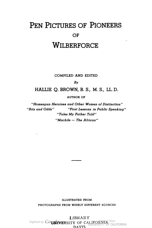 Title page of "Pen Pictures of Pioneers of Wilberforce."