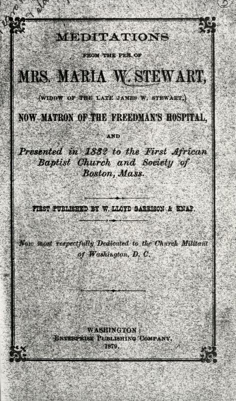 Title page of "Meditations from the Pen of Mrs. Maria W. Stewart."