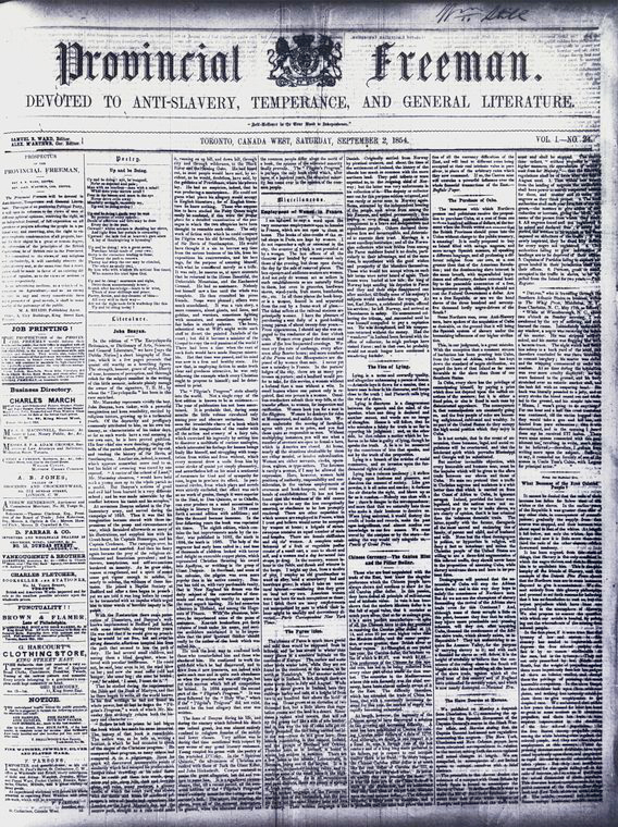 Front page of the newspaper "The Provincial Freeman."