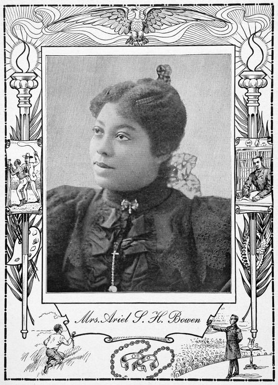 Black and white photograph of Ariel S. H. Bowen, looking left. Photo has an elaborate border. 