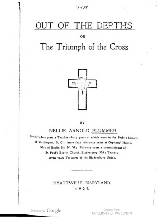 Title page of "Out of the Depths, or, The Triumph of the Cross" with an image of a cross in the center. 