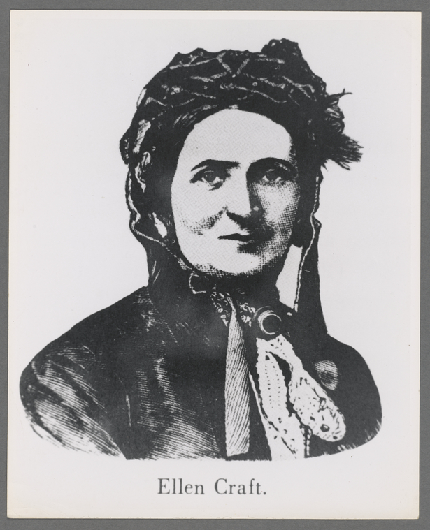 Head and shoulders portrait of Ellen Craft looking front and wearing a bonnet.