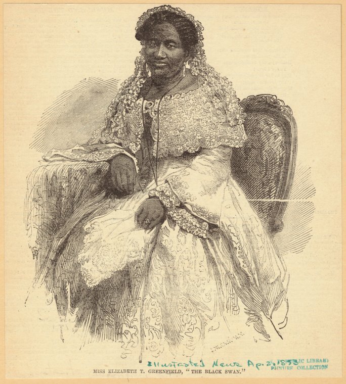 3/4 body photo of Elizabeth T. Greenfield seated, looking forward and wearing fancy attire. 