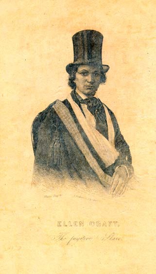 Ellen Craft wearing the attire of a man: top hat, jacket, ascot, plus a sling and glasses.