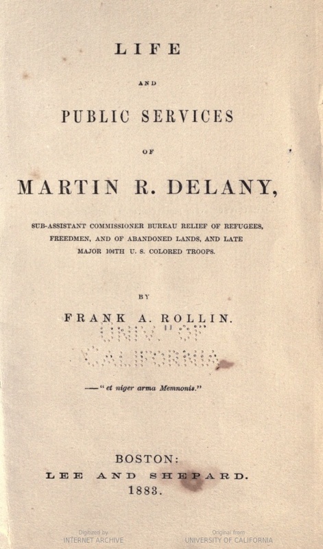 Title page of "Life and Public Services of Martin R. Delany".