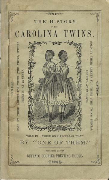 Title page of "The History of the Carolina Twins", with a full-body illustration of the twins in the center. 