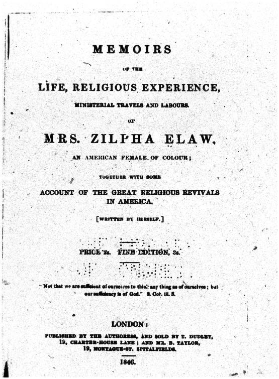 Cover page of "Ministerial Travels and Labours of Mrs. Zilpha Elaw."