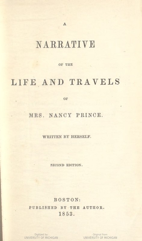 Title page of "A Narrative of the Life and Travels of Mrs. Nancy Prince". 