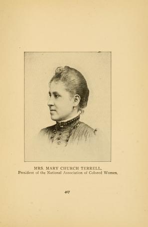 Head and shoulders portrait of Mary Church Terrell facing left.