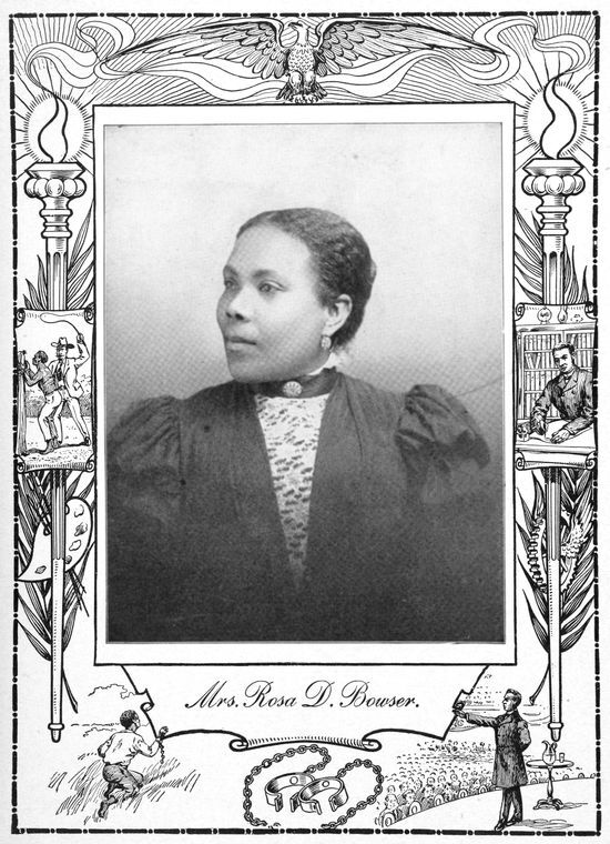 Black and white photograph of Rosa D. Bowser,  looking left. Photo has an elaborate frame.