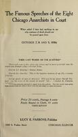 Title page of "The Famous Speeches of the Eight Chicago Anarchists in Court."