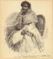 3/4 body photo of Elizabeth T. Greenfield seated, looking forward and wearing fancy attire. 