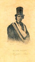 Ellen Craft wearing the attire of a man: top hat, jacket, ascot, plus a sling and glasses.