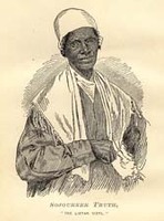 Sojourner Truth facing front with her left fist on her waist. 