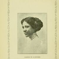 Head and shoulders portrait of Carrie W. Clifford facing left, surrounded by a detailed border.