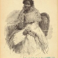 3/4 body photo of Elizabeth T. Greenfield seated, looking forward and wearing fancy attire. 