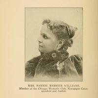 Head and shoulders portrait of Fannie Barrier Williams with her head turned left.