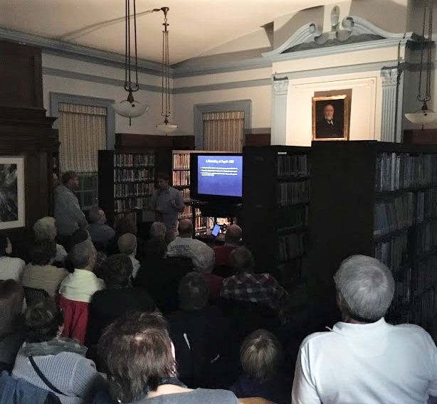 Photograph of local historian Shane Wagner speaking at Chester Public Library.