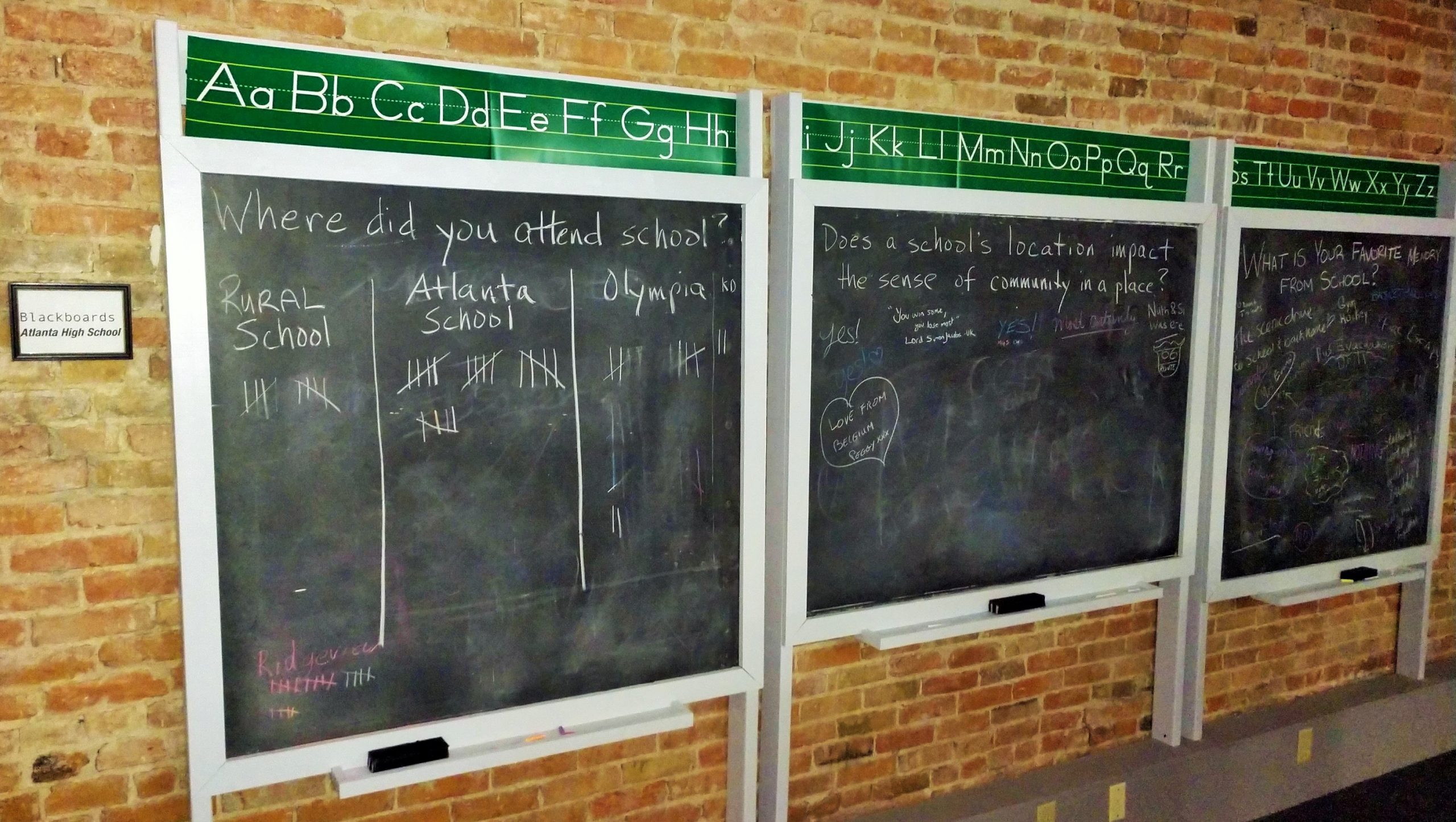 Photograph of chalkboards from Atlanta High School formed an interactive component of "Classrooms & Community".