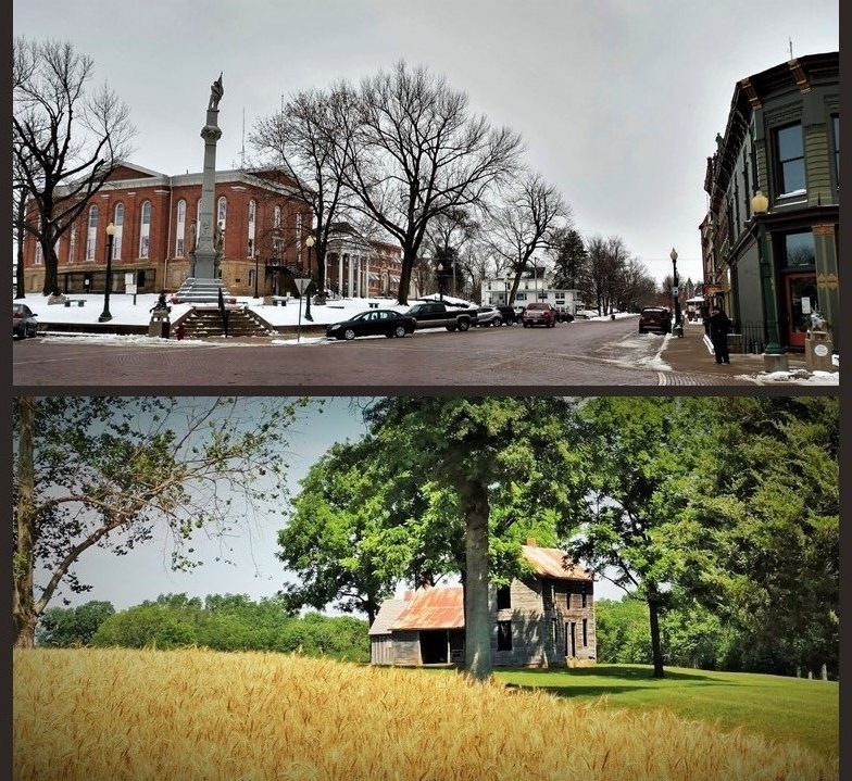 Above: Photograph of downtown Mount Carroll, IL. Below: Photograph of wheatfield and farmhouse, Randolph County, IL.