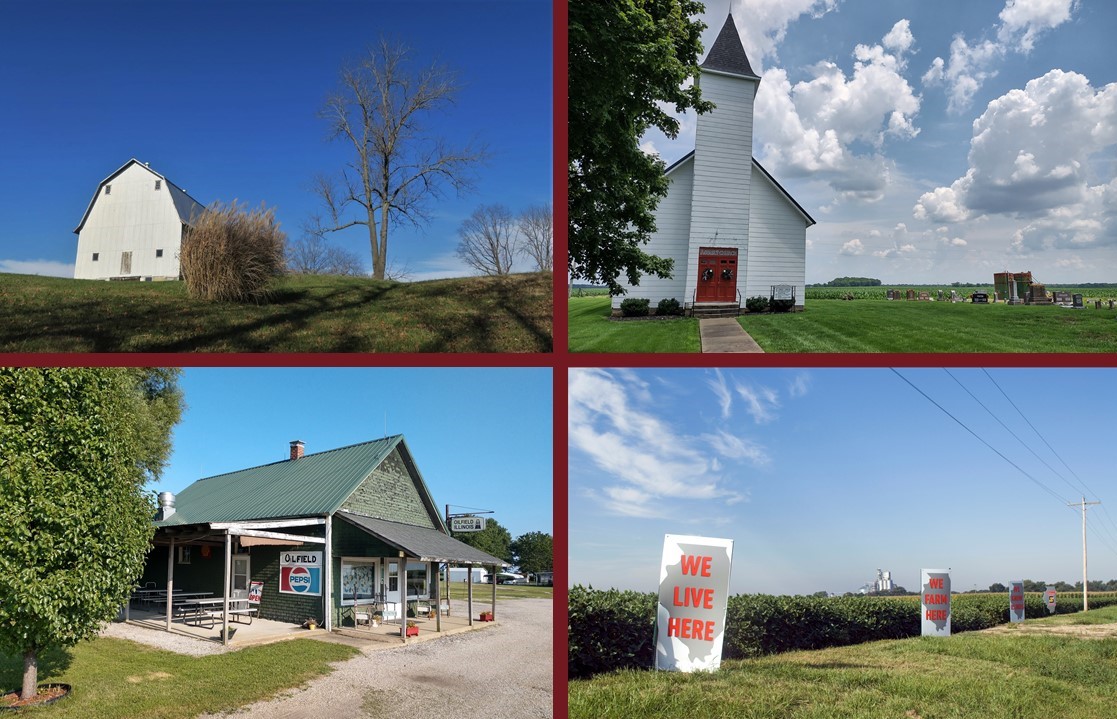 Photographs, clockwise, from top left: 1) barn, SE Randolph Co.; 2) church, NE Gallatin Co; 3) soybean field & promotional signage, E-central IL; 4) Oilfield (Clark Co.), IL.