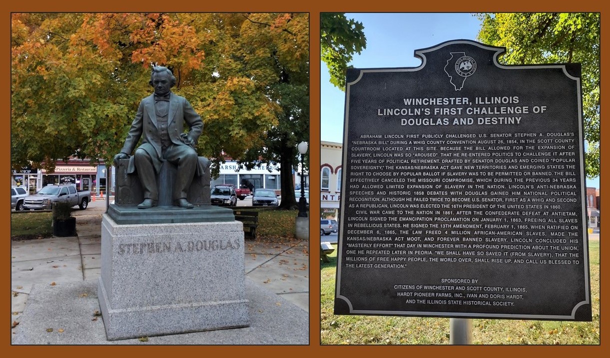 Photographs of statue of Stephen Douglas (left) and marker commemorating speech by Abraham Lincoln (right), Winchester, Illinois.