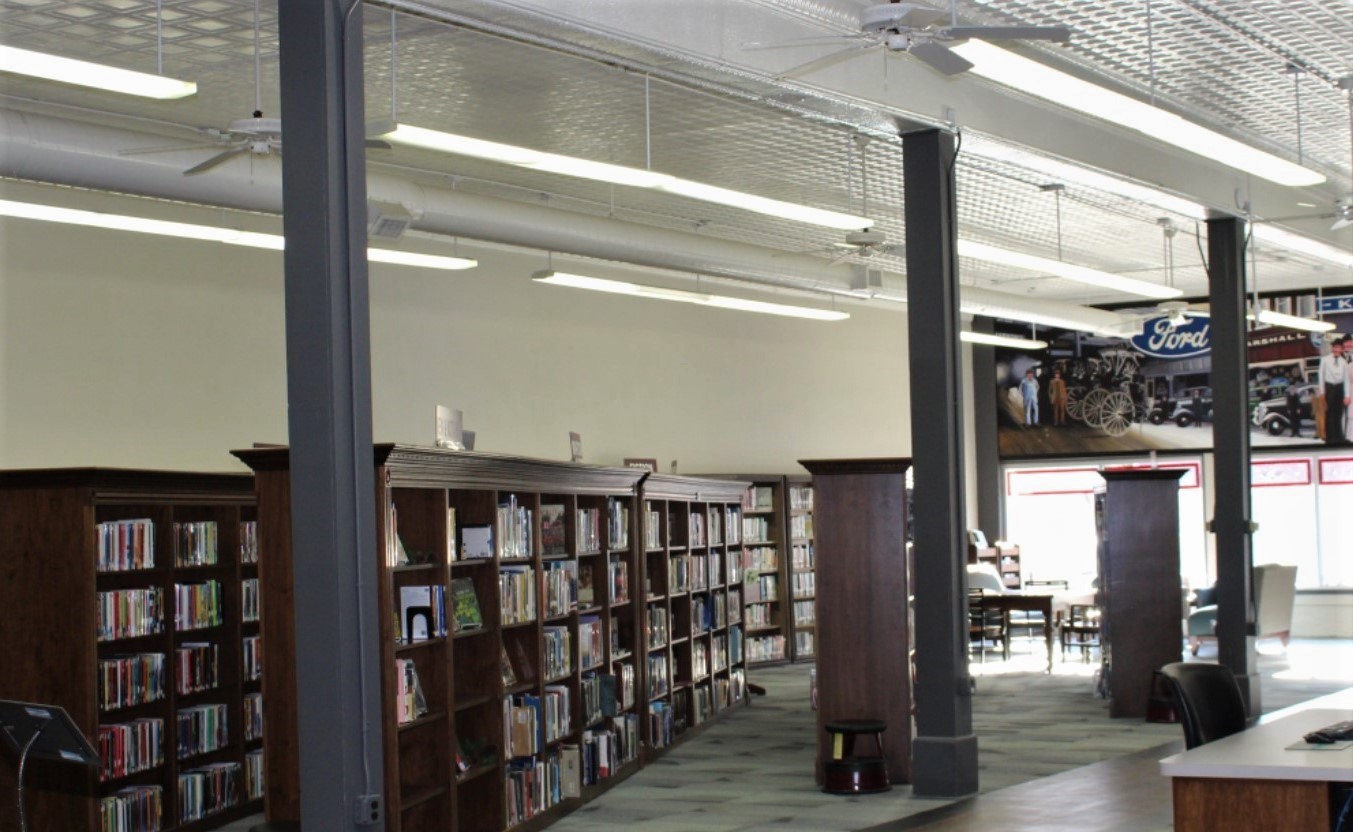 Photograph of bookshelves in Marshall Public Library.