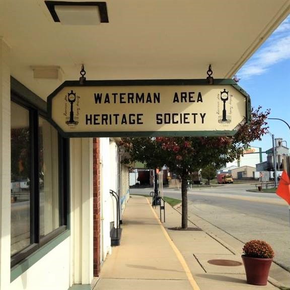 Photograph of Waterman Area Heritage Society sign, Waterman, Illinois.