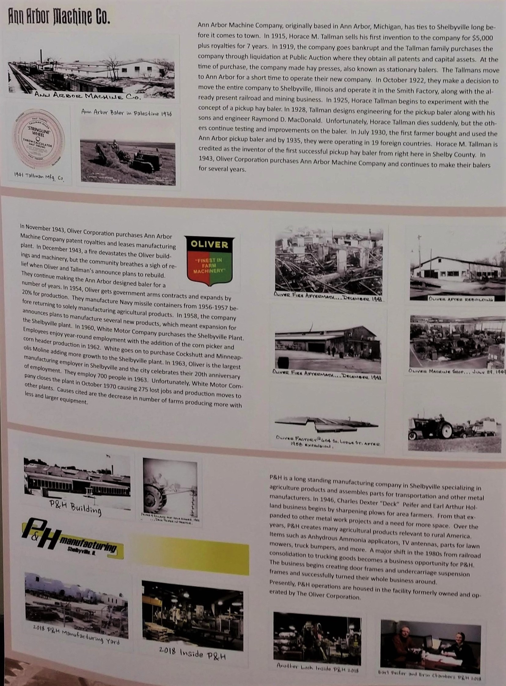 Photograph of a portion of Lake Shelbyville’s companion exhibition discussing the Ann Arbor Machine Company, the Oliver Corporation, and P & H Manufacturing.
