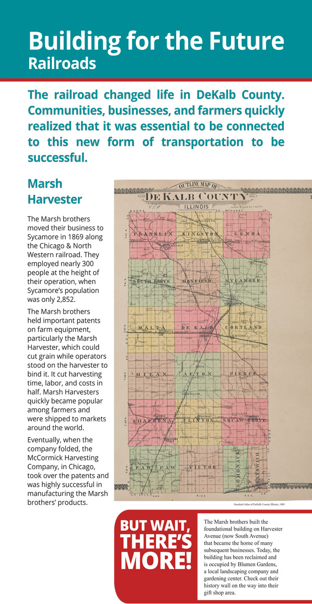 Segment of DeKalb County History Center's companion exhibition discussing Marsh Harvester.