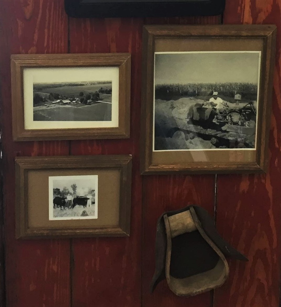 Photograph of a segment of Marshall Public Library’s companion exhibition representing the Miller family farm, including photographs and artifacts.