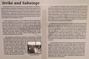 Photograph of a segment of Old School Museum's companion exhibition describing violence associated with a strike by Illinois Rural Electric Cooperative employees.