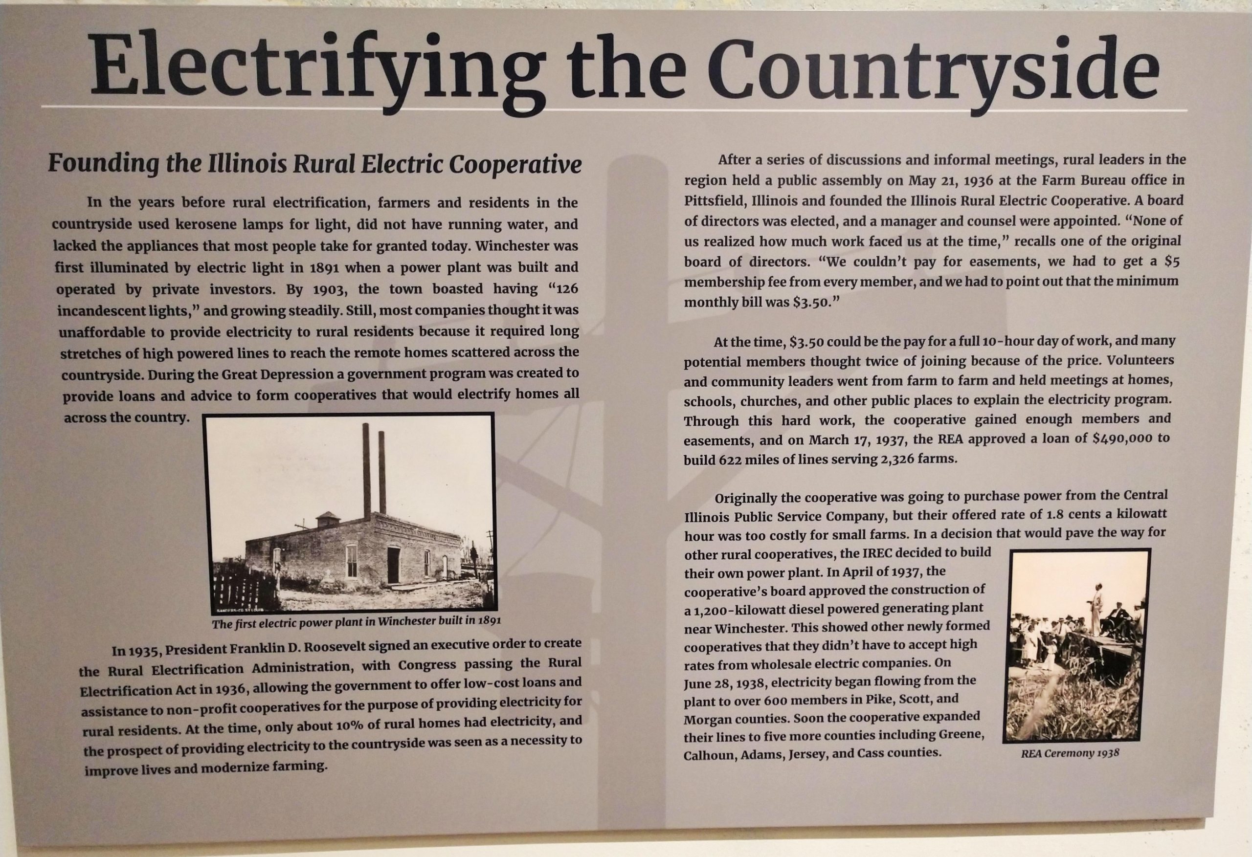 Photograph of a section of Old School Museum's companion exhibition discussing Illinois Rural Electric Cooperative.