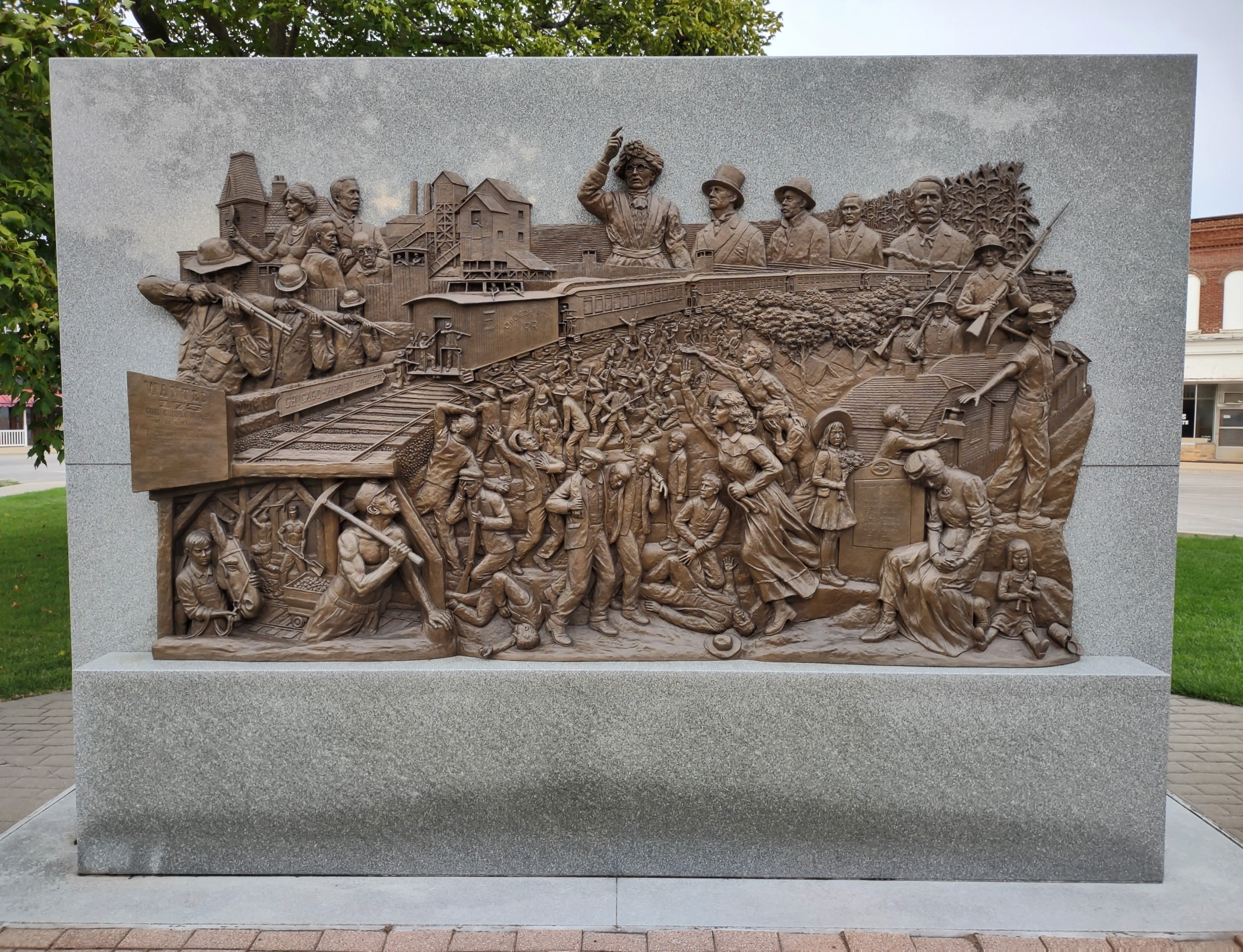 Photograph of "Battle of Virden" by David Seagraves, a bronze relief sculpture commemorating the conflict of the same name.