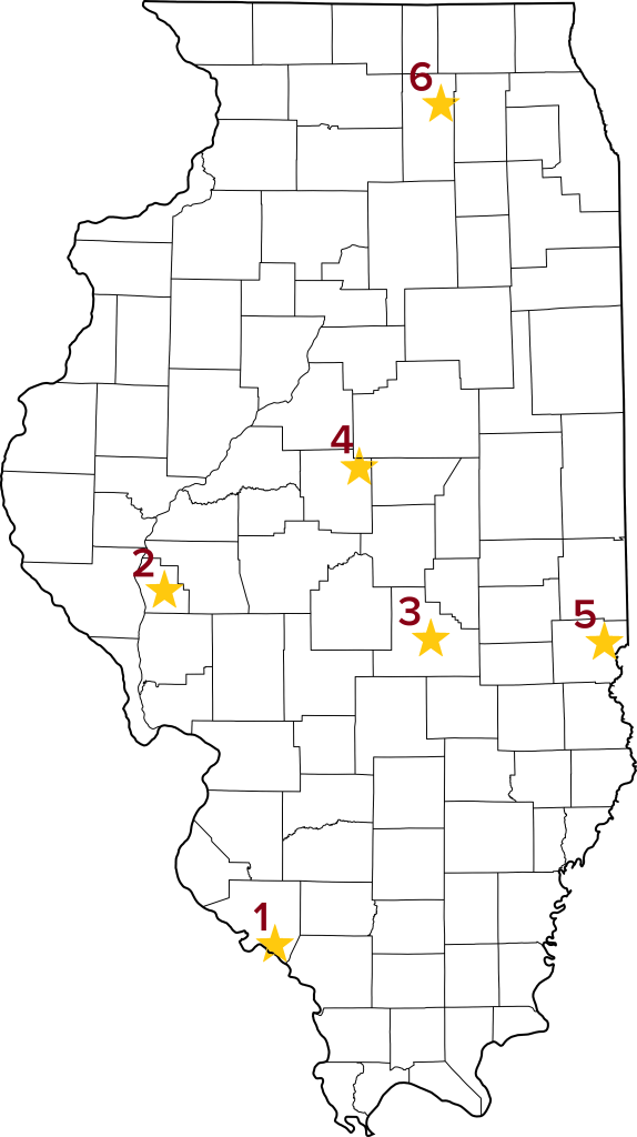 Map indicating the locations of the communities included on the Illinois tour of Crossroads: Change in Rural America.