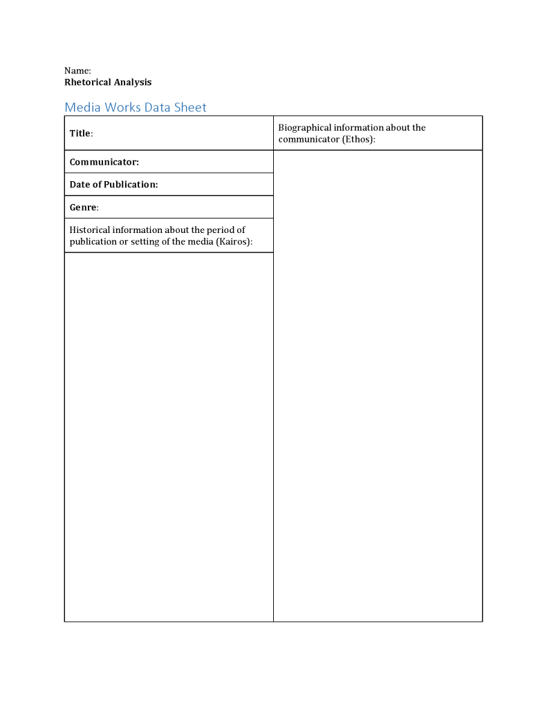 Screenshot of Rhetorical Analysis Media Works Data Sheet that outlines the Title, Communicator, Date of Publication, , Historical Information and the Biographical information about the communicator, and Genre.