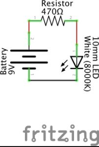 A schematic of a closed loop circuit. A battery is connected to a resistor connected to a LED connected back to the battery.
