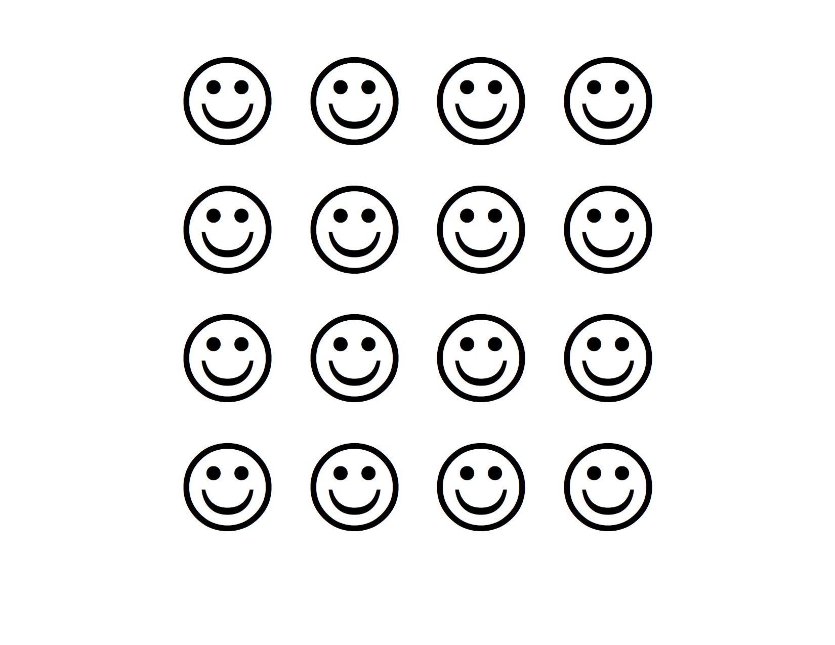 16 smiley faces arranged in four rows of four.