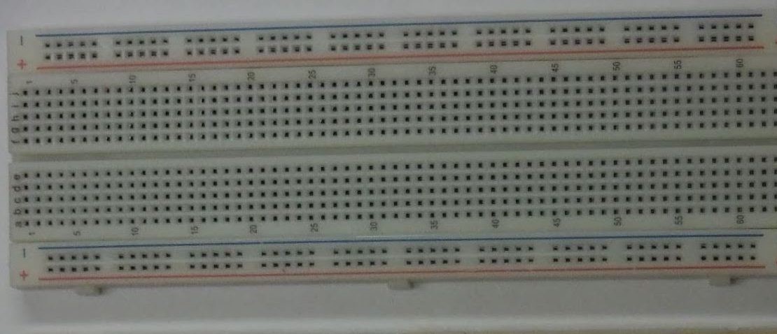 A typical breadboard, viewed from the top.