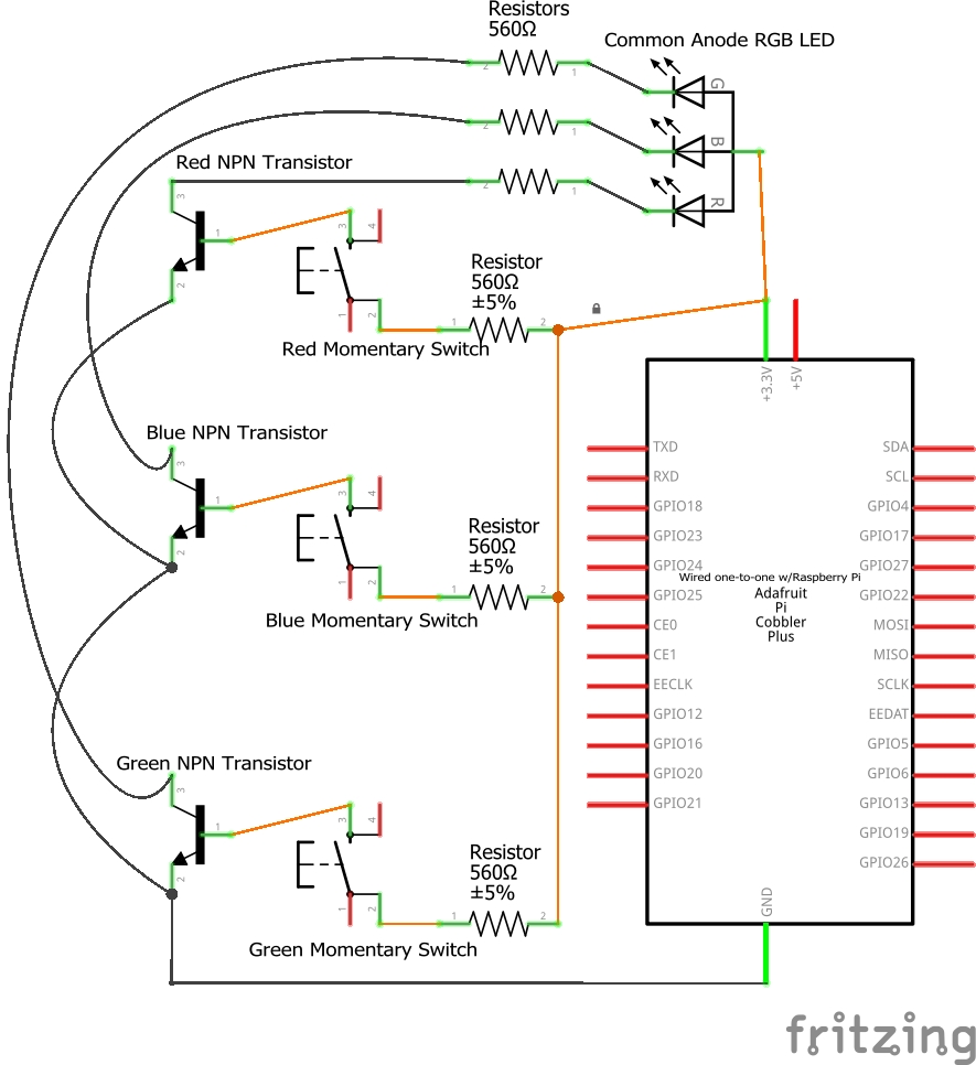 A schematic of a circuit formed between a RGB LED, three transistors, and three momentary switches.
