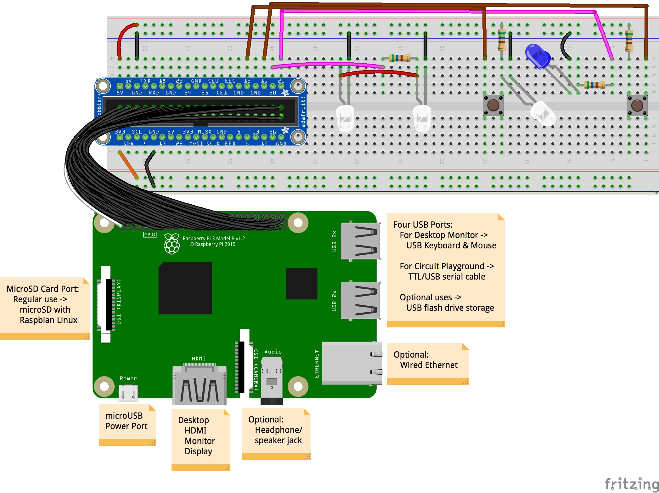 Programmed circuits on a breadboard that is connected to the GPIO of the Raspberry Pi.