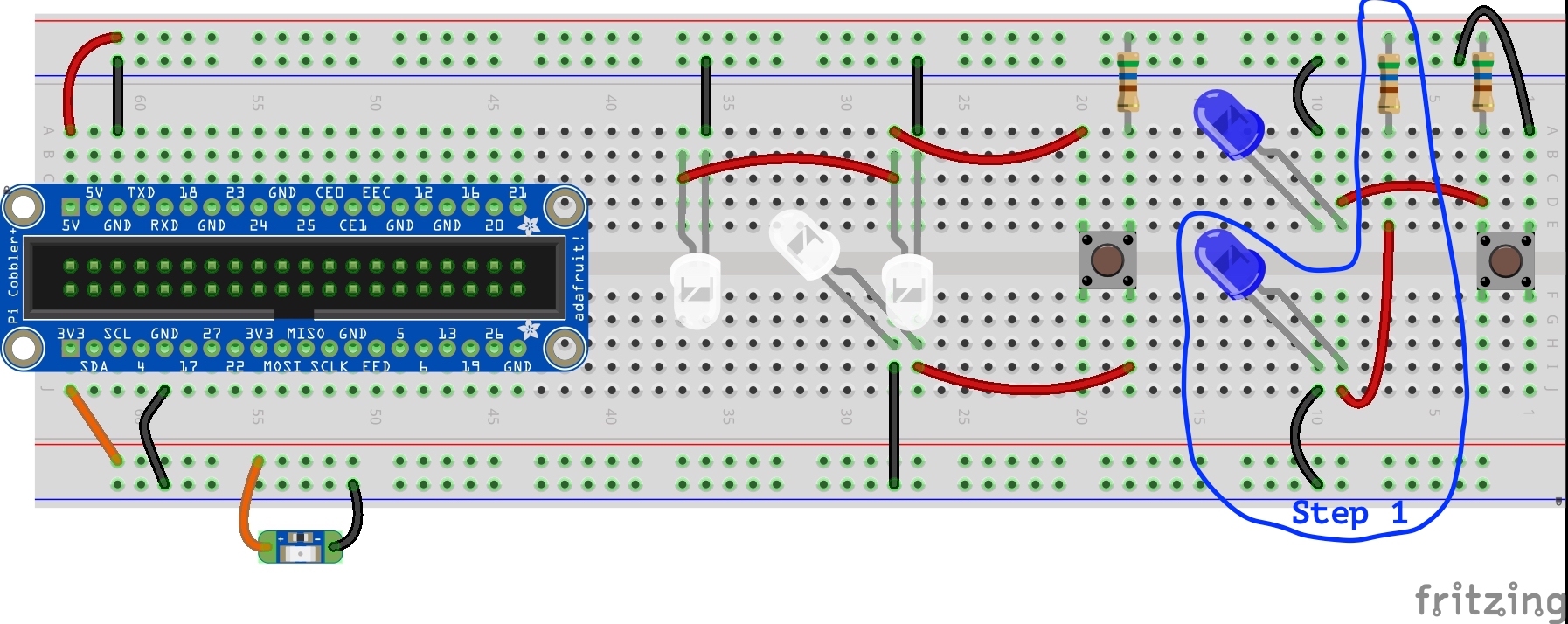 A diagram of a breadboard wired with five LEDs, three resistors, and two momentary switches illustrating the instructions listed in step 1.