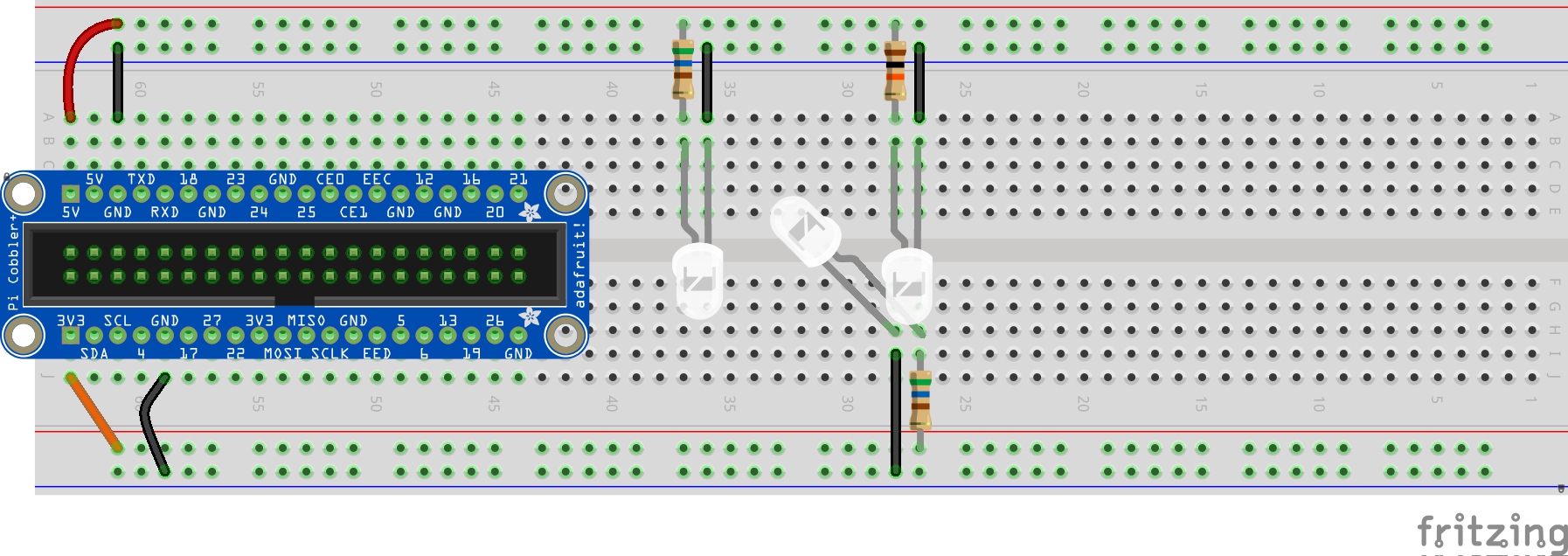 Three parallel circuits on a breadboard.