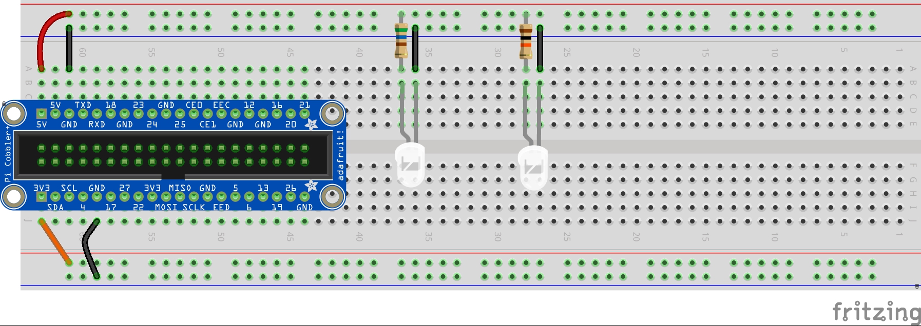 A diagram illustrates one way a second resistor and LED circuit can be setup using the breadboard and Cobbler.