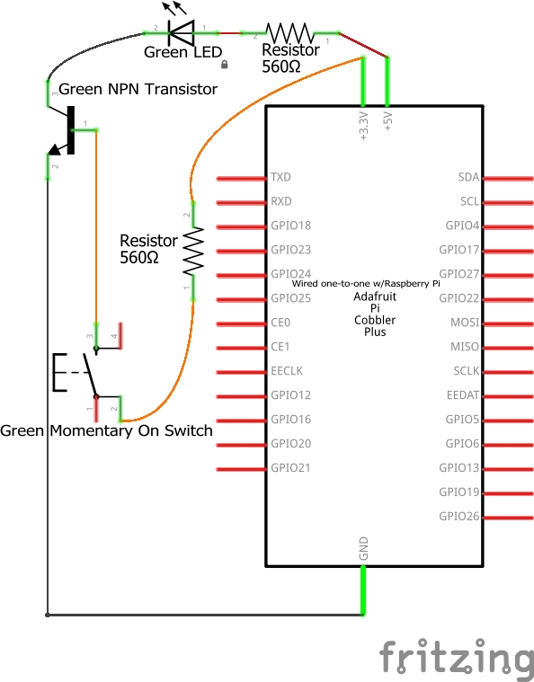 A schematic of a transistor and momentary switch circuit used to temporarily turn on a 10mm Green LED.