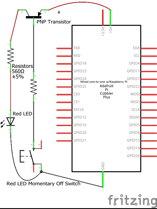 A schematic of a transistor and momentary switch circuit used to temporarily turn off a 10mm Red LED.